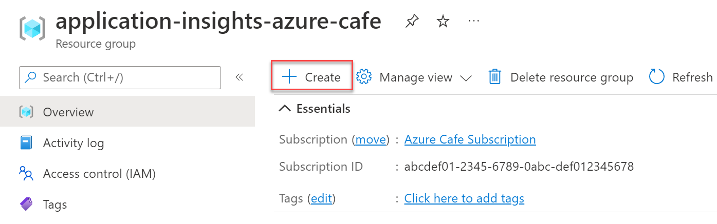 Azure 门户中 application-insights-azure-cafe 资源组的屏幕截图,工具栏菜单中突出显示了“+ 创建”按钮。