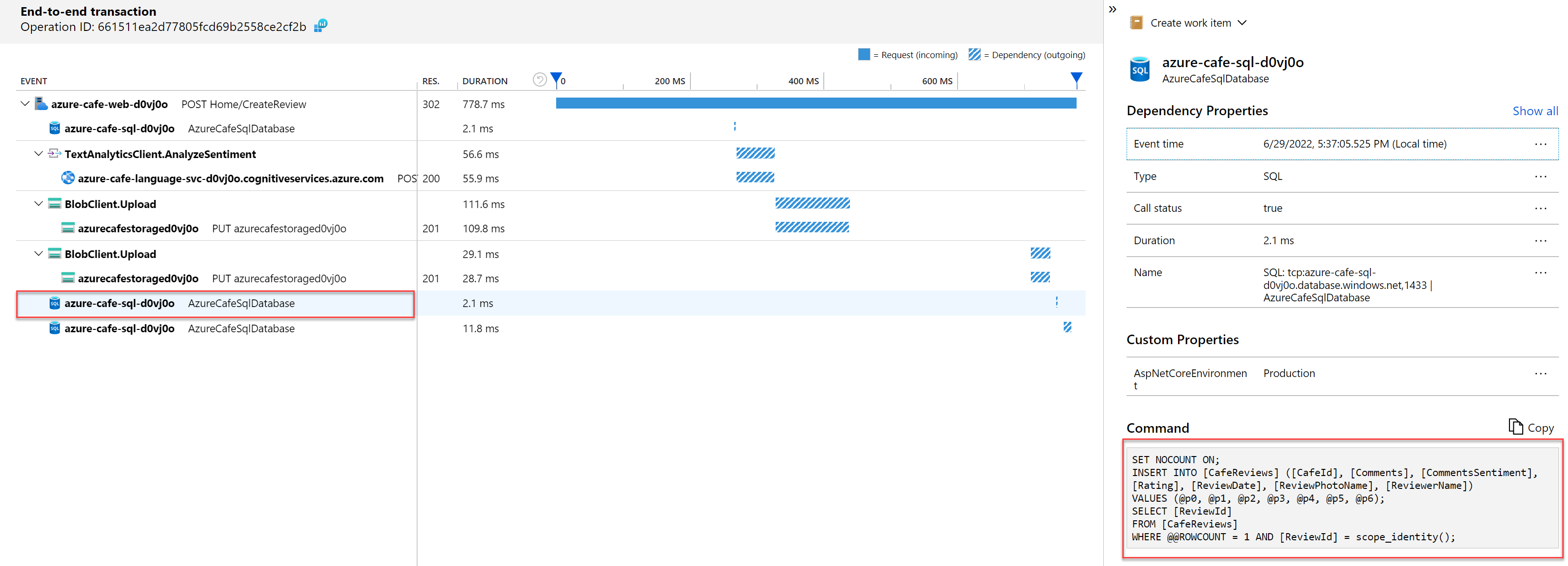 Azure 门户中端到端事务的屏幕截图，其中显示了 SQL 命令详细信息。