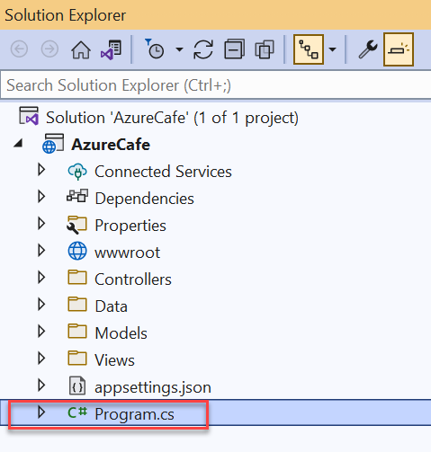 Visual Studio 解决方案资源管理器的屏幕截图,其中突出显示了 Program.cs 文件。
