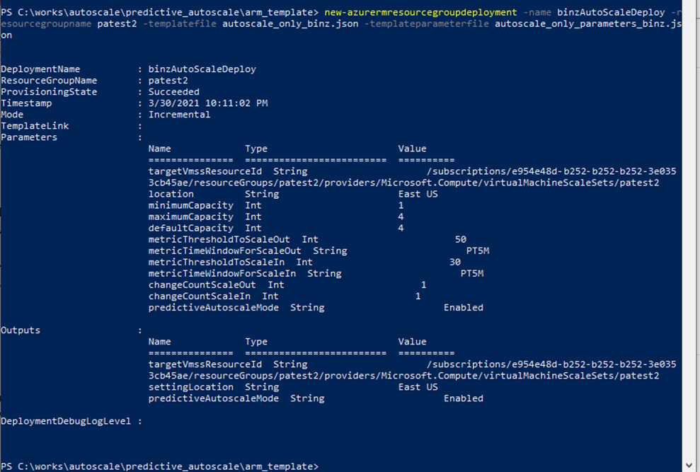 屏幕截图，显示运行 Azure 资源管理器模板来部署预测性自动缩放时上述命令的 PowerShell 命令输出。