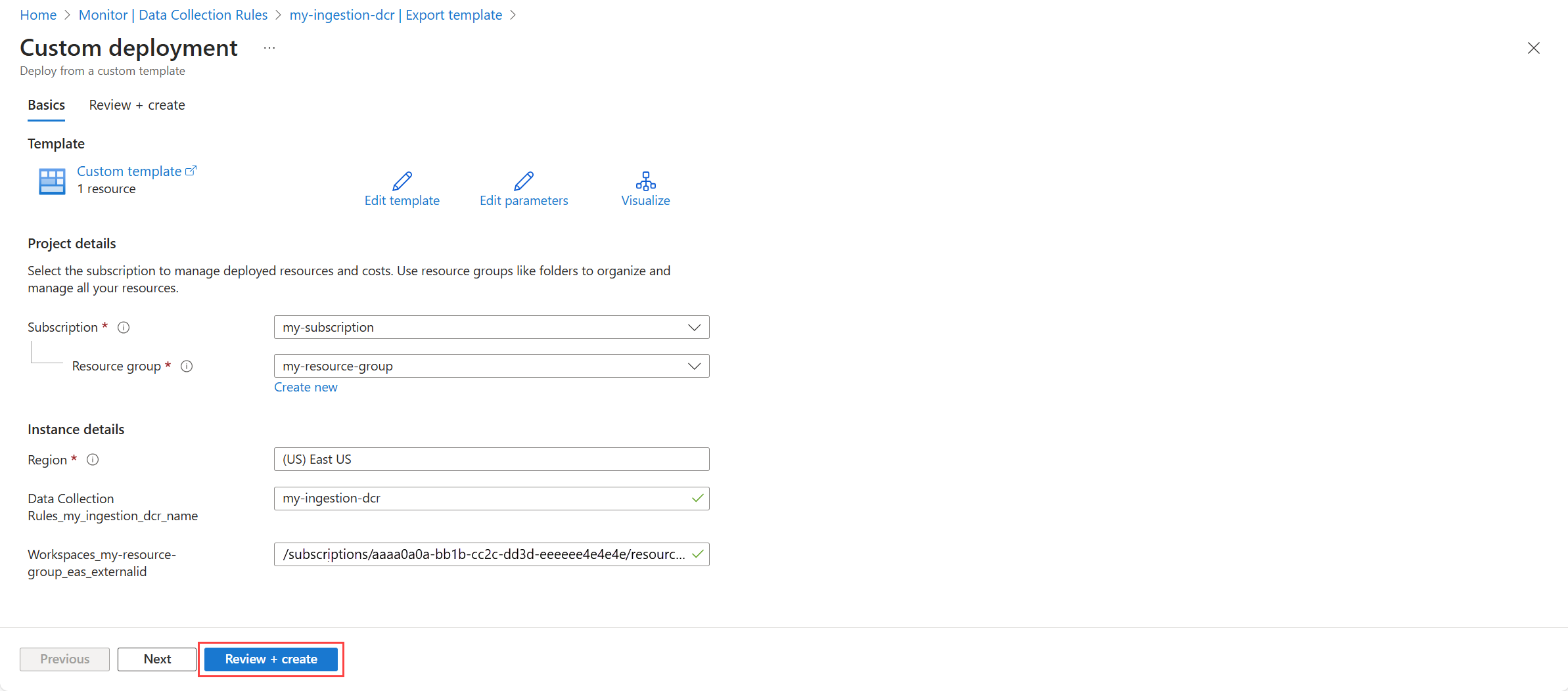 屏幕截图显示 Azure 门户中数据收集规则的“查看 + 创建”选项。