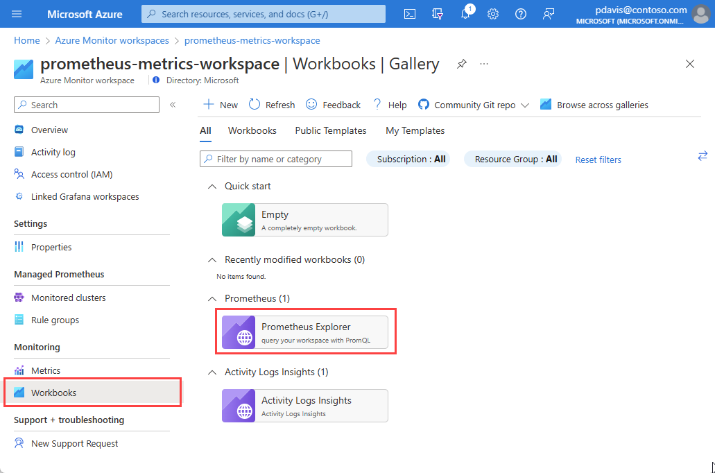 Screenshot that shows Azure Monitor workspace gallery.