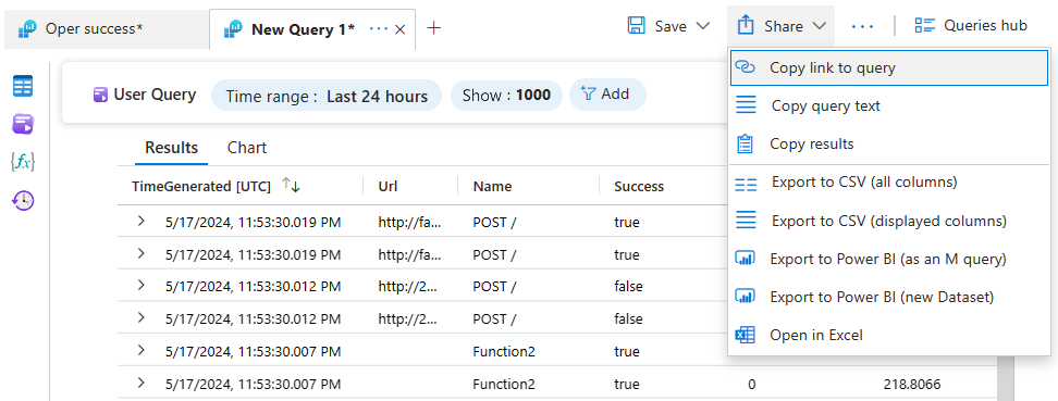 屏幕截图显示 Log Analytics 中的“共享”窗口。
