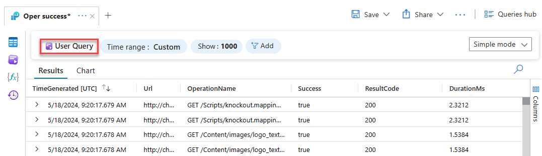 显示“用户查询”按钮的屏幕截图,可在处于简单模式时返回到查询编辑器。
