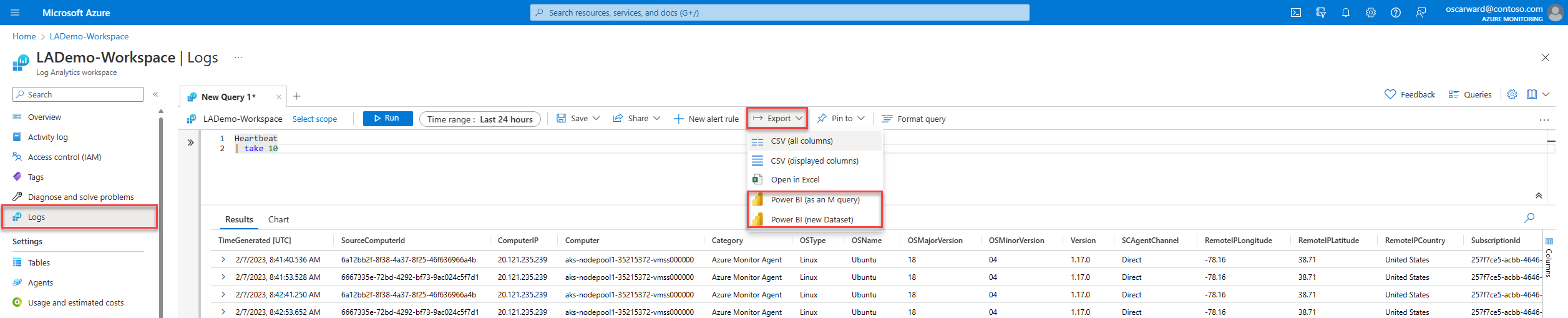 Screenshot showing Export to Power BI option in the Log Analytics Export menu.