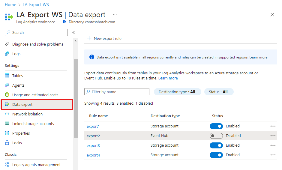 Screenshot that shows the data export rules view.