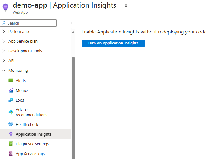屏幕截图显示为应用启用 Application Insights。