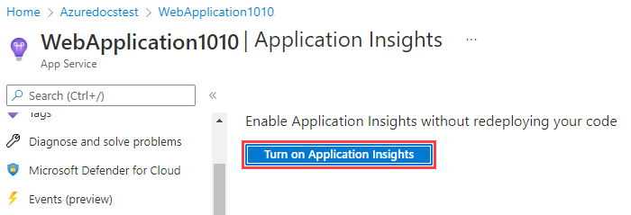 显示“打开 Application Insights”按钮的屏幕截图。