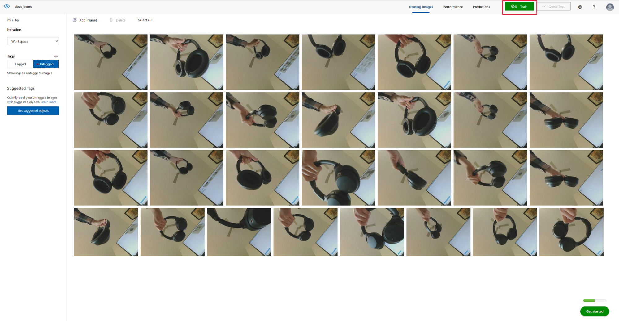 突出显示了“训练”按钮的训练图像选项。