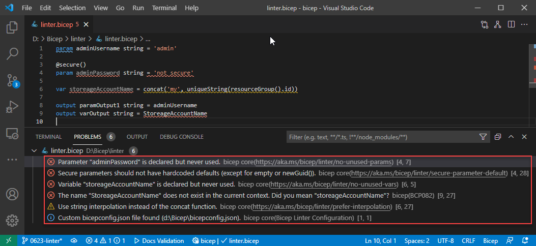 在 Visual Studio Code 中使用 Bicep Linter。