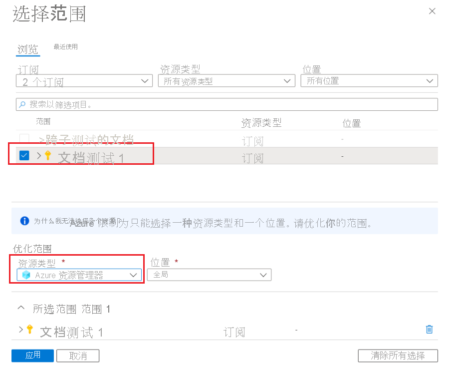 Azure 门户中，选择单个订阅和 Azure 资源管理器指标的屏幕截图。