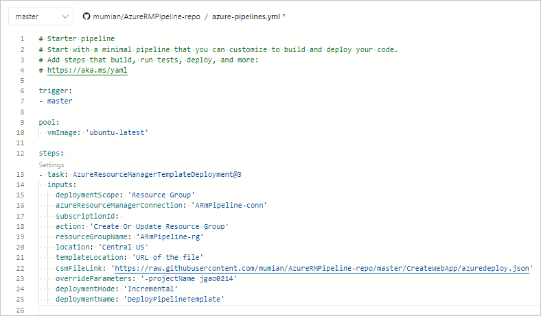 Screenshot of the Review page with the new pipeline titled Review your pipeline YAML for Azure DevOps Azure Pipelines.