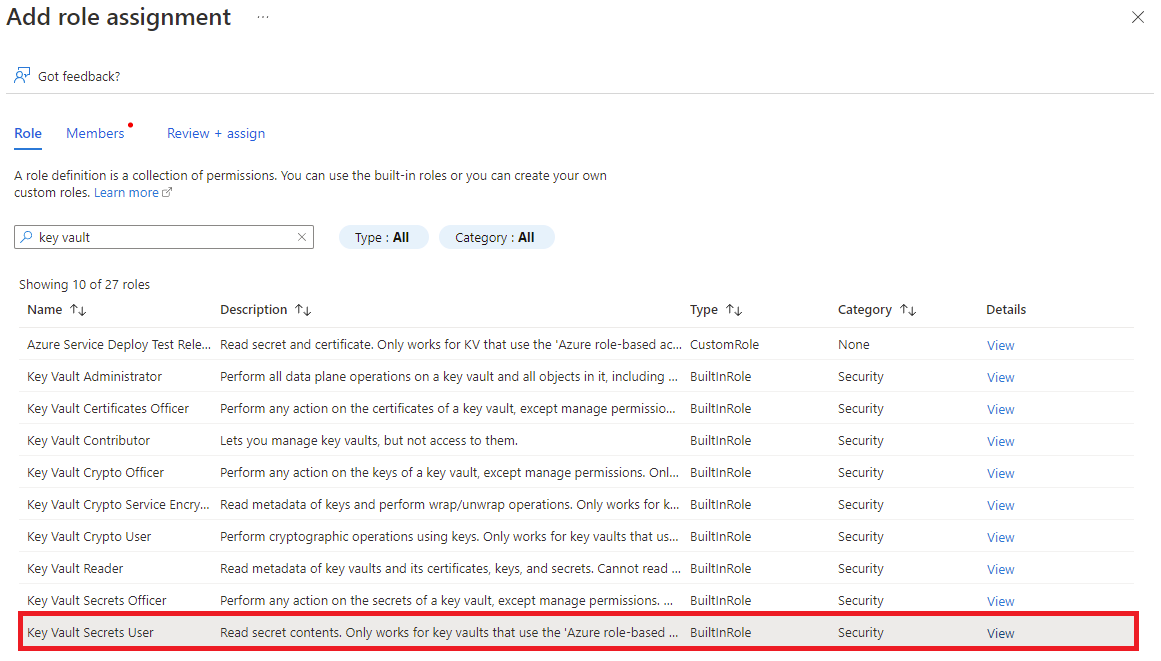 这是将角色分配添加到 Key Vault 时的“角色”选项卡屏幕截图。