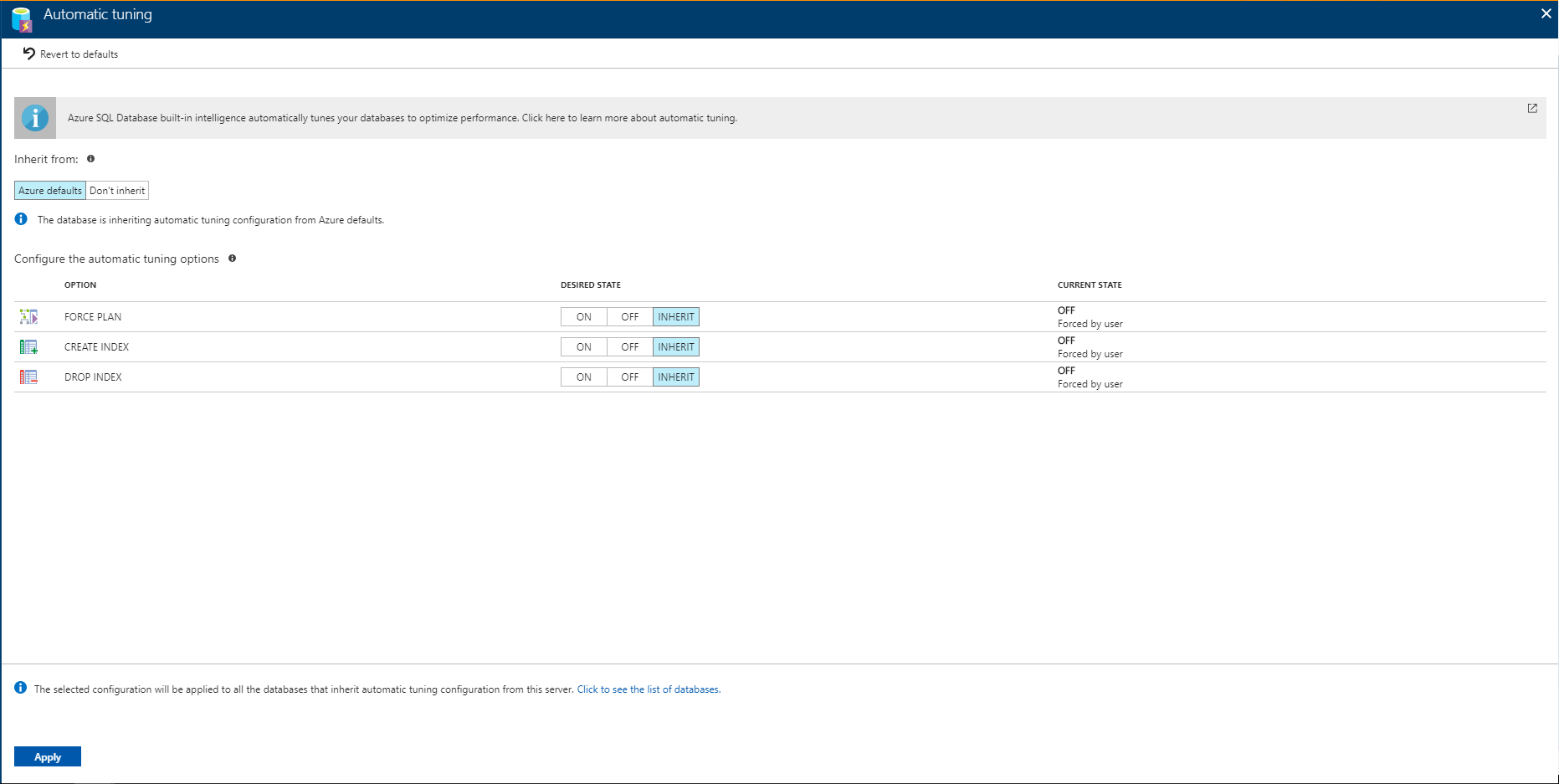 屏幕截图显示了 Azure 门户中的“自动优化”，你可以在其中对服务器应用选项。