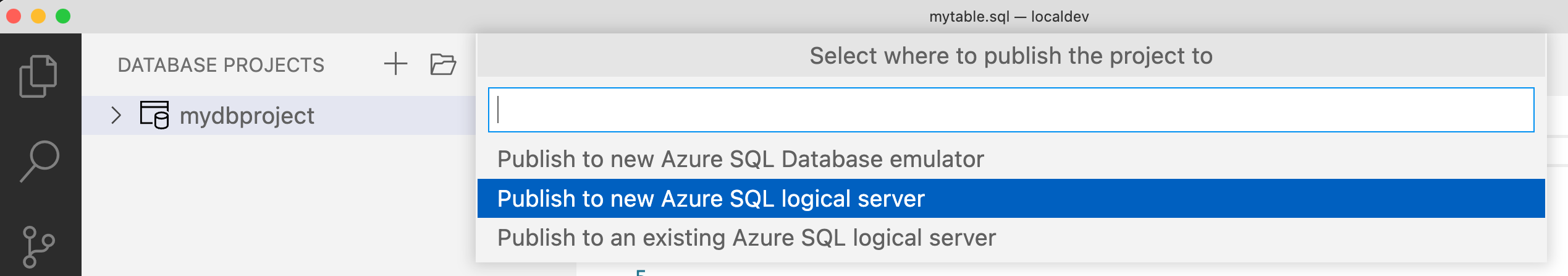 向 Azure SQL 数据库发布数据库项目的屏幕截图。