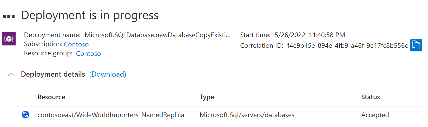 Screenshot that shows named replica deployment status.