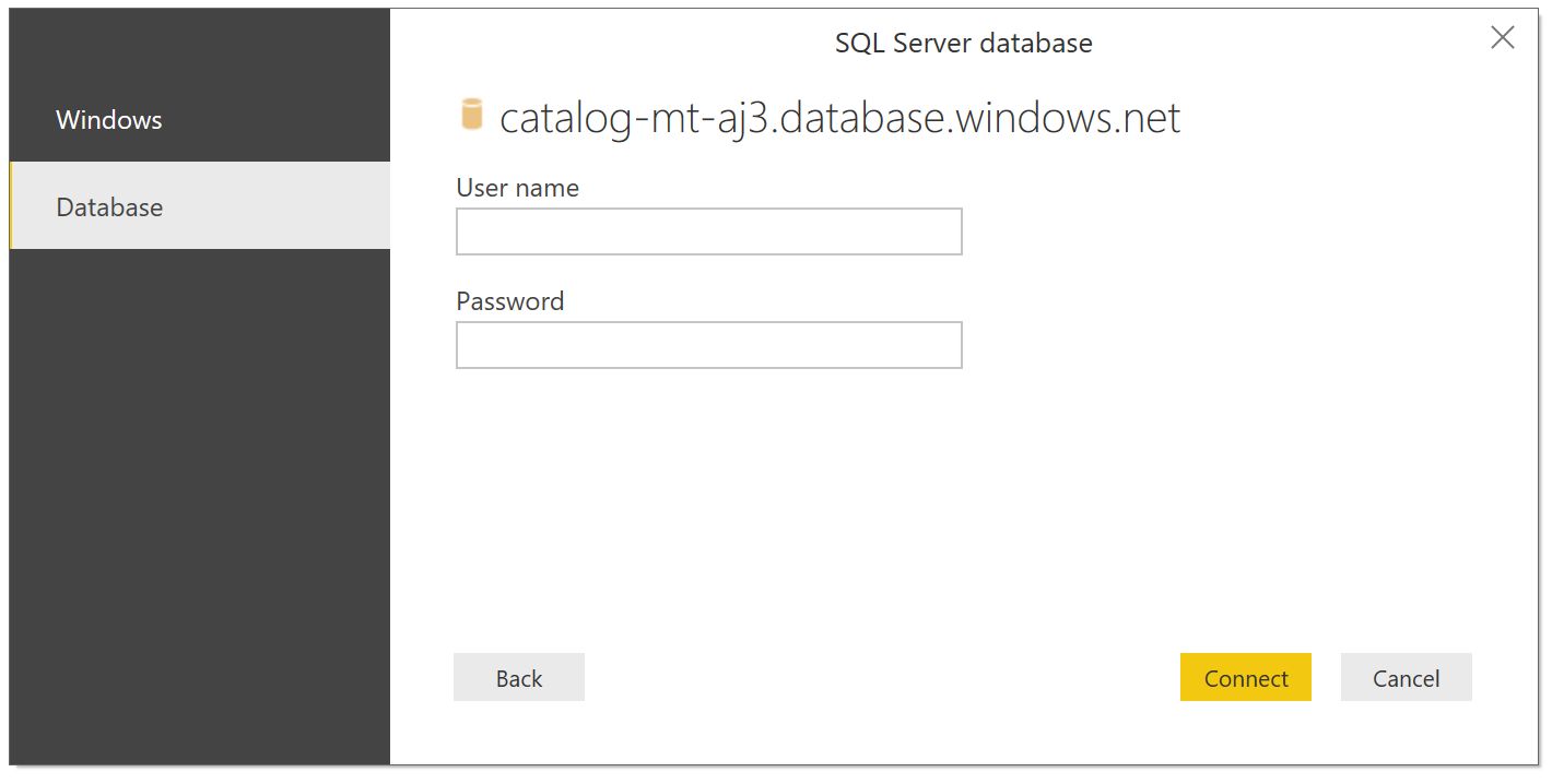 屏幕截图显示了“SQL Server 数据库”对话框，你可以在其中输入用户名和密码。