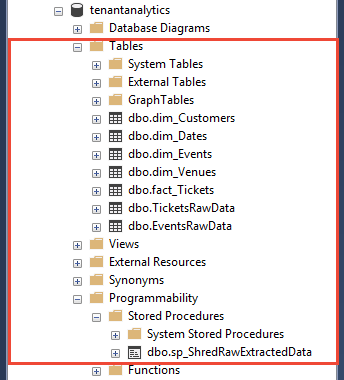 屏幕截图显示了分析存储节点的 SSMS 对象资源管理器，包括表、视图和节点。