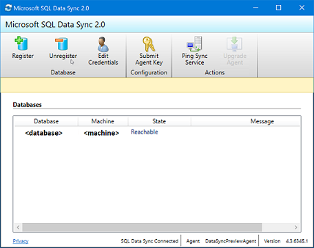 Microsoft SQL 数据同步 2.0 应用程序的屏幕截图，显示 SQL Server 数据库和计算机现已注册。