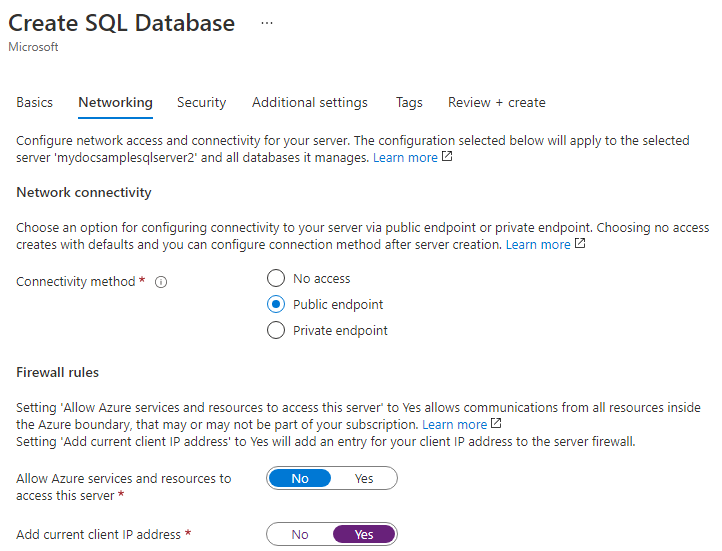 在 Azure 门户中创建 SQL Server 时的网络设置屏幕截图。