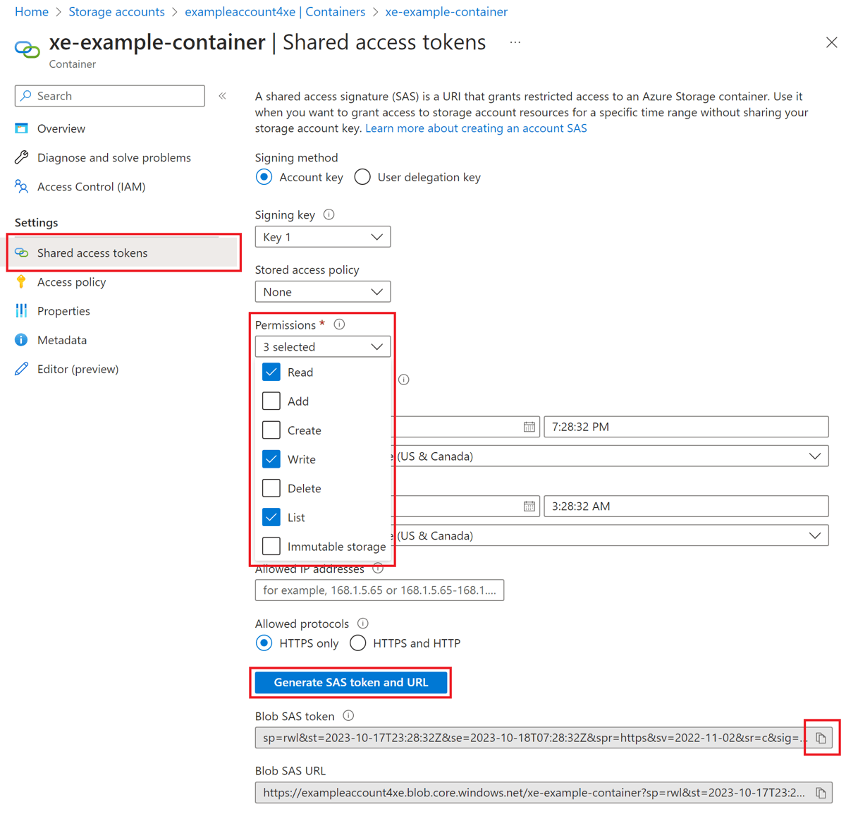 Azure 存储容器的“共享访问令牌”屏幕的屏幕截图，其中包含了为示例容器生成的 SAS 令牌。