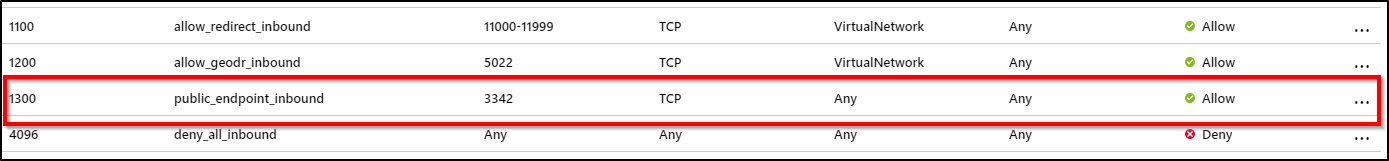 屏幕截图显示了入站安全规则，其中新的 public_endpoint_inbound 规则位于 deny_all_inbound 规则之上。