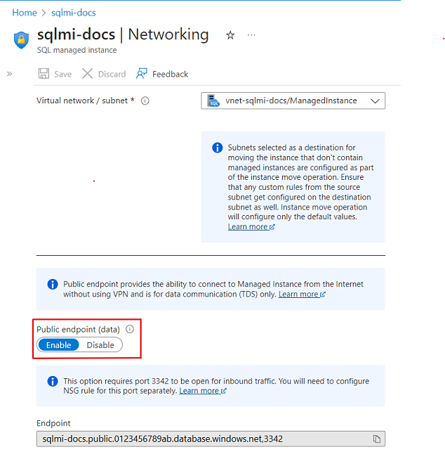 屏幕截图显示启用了公共终结点的 SQL 托管实例的虚拟网络页。