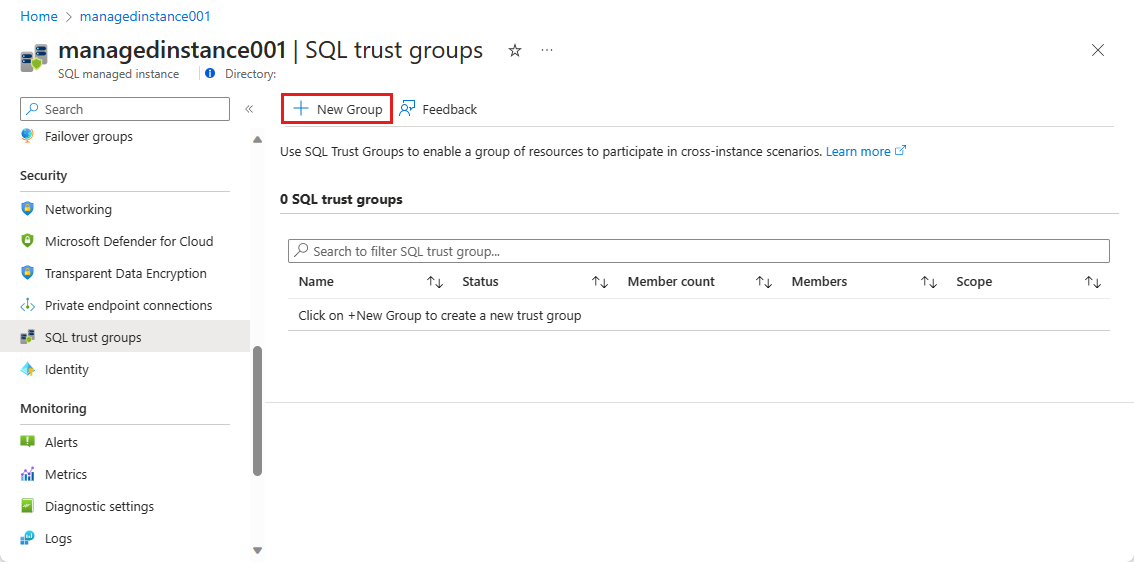 Screenshot shows SQL trust groups page with New Group selected.