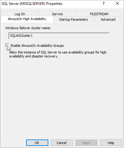 Screenshot of selections for enabling Always On availability groups in SQL Server properties.