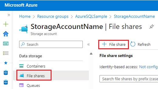 Screenshot of the File share creation option in the Azure portal.
