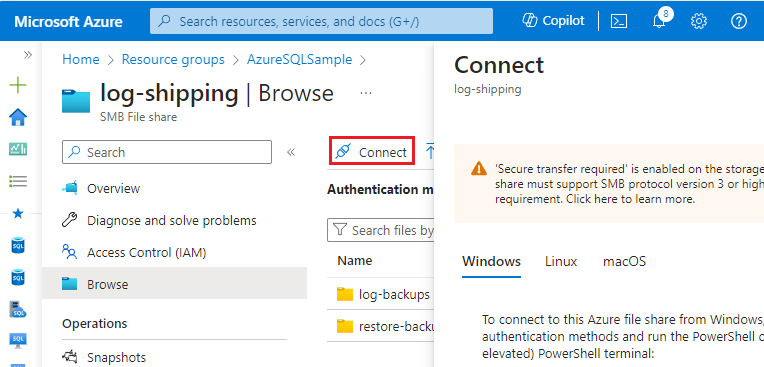 Screenshot of the Connect option for the file share in the Azure portal.