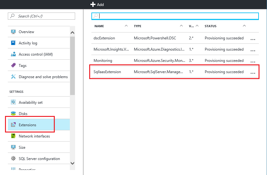 Azure 门户中 SQL Server IaaS 代理扩展状态的屏幕截图。