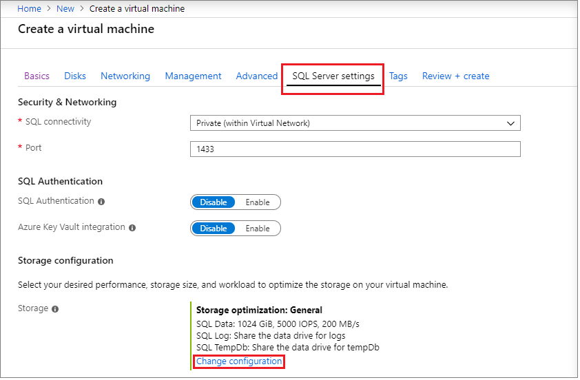 Screenshot that highlights the SQL Server settings tab and the Change configuration option.