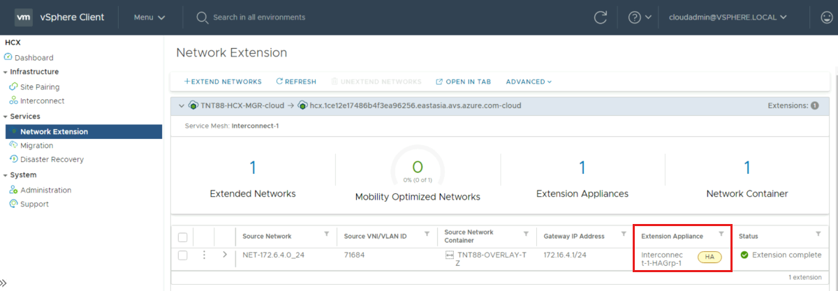 screenshot of the extension appliance details and high availability group.
