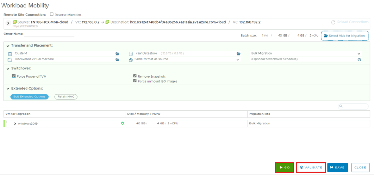screenshot of the workload mobility page to edit details, validate them, and migrate using extended network.