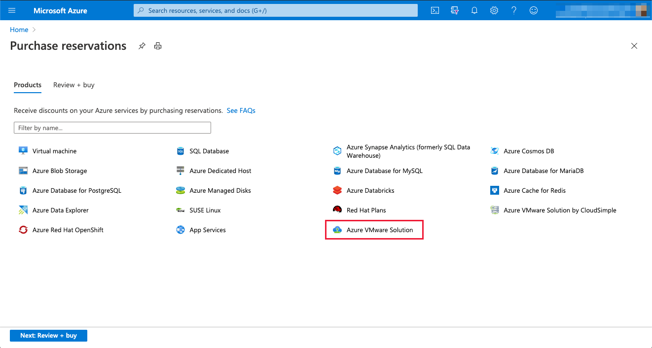 显示在 Microsoft Azure 门户中购买 Azure VMware 解决方案预留的屏幕截图。