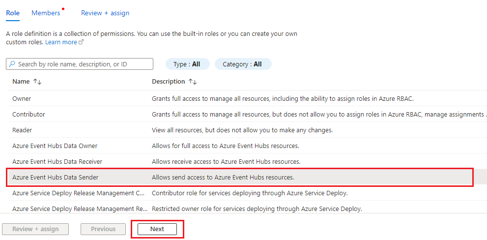 Screenshot of selecting Azure EventHubs Data Sender role