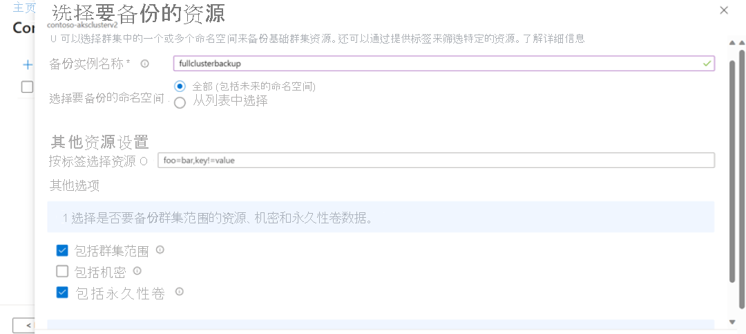屏幕截图显示了如何定义要备份的群集资源。