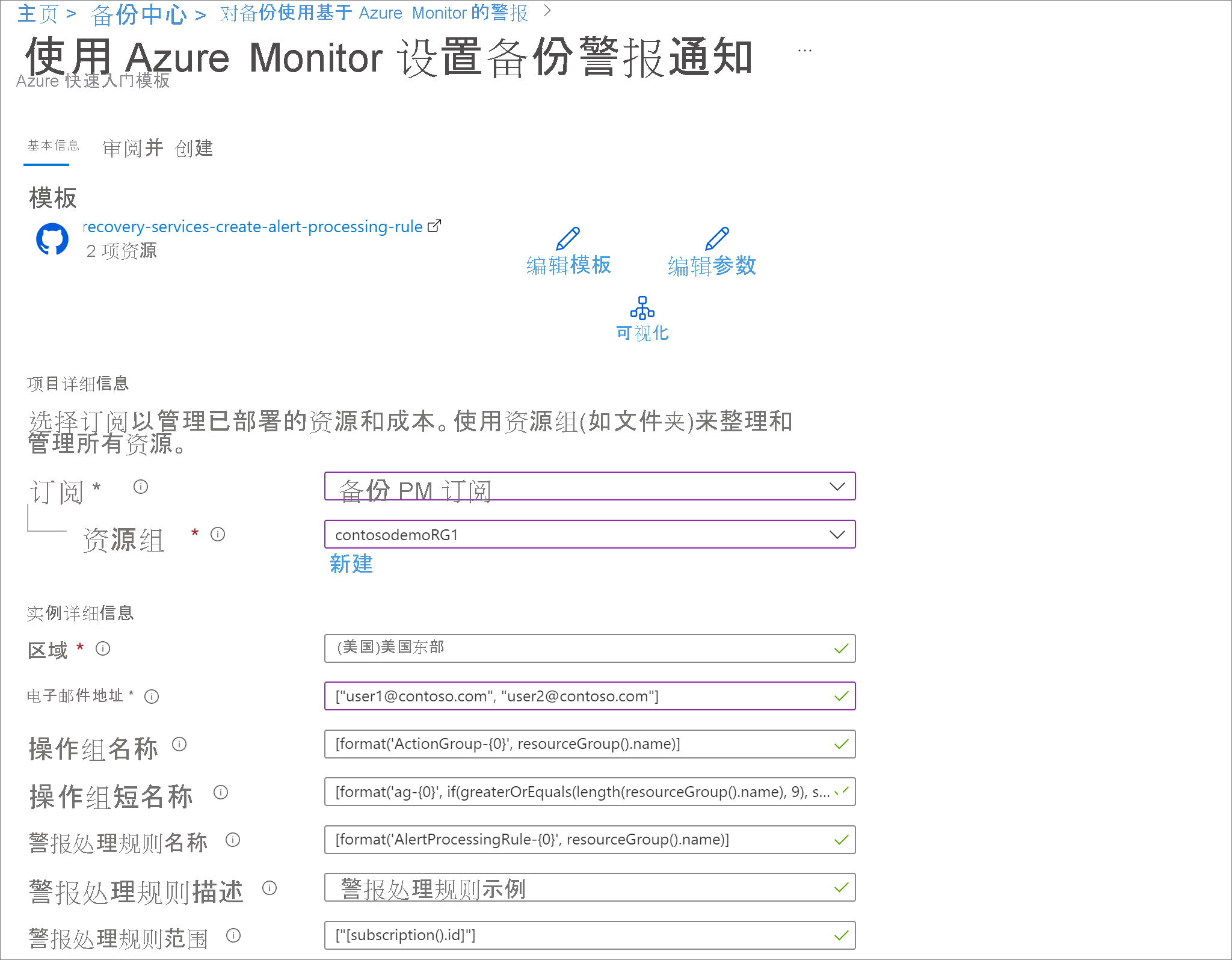 显示用于为 Azure Monitor 警报设置通知规则的模板参数的屏幕截图。
