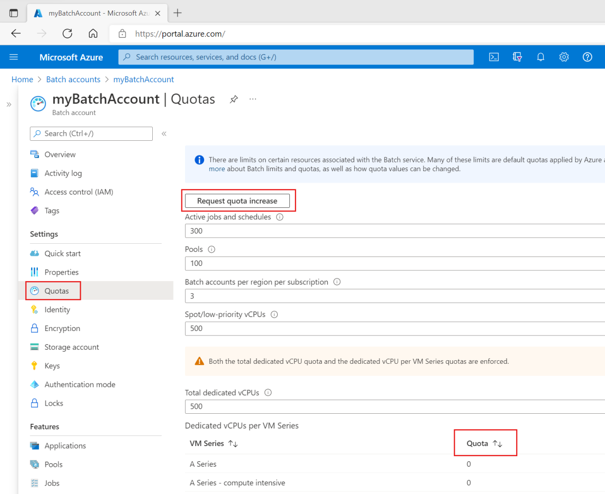 Azure 门户中 Batch 帐户的配额页面的屏幕截图。突出显示了菜单中的配额页面、请求增加配额的按钮和资源列表中的配额列。