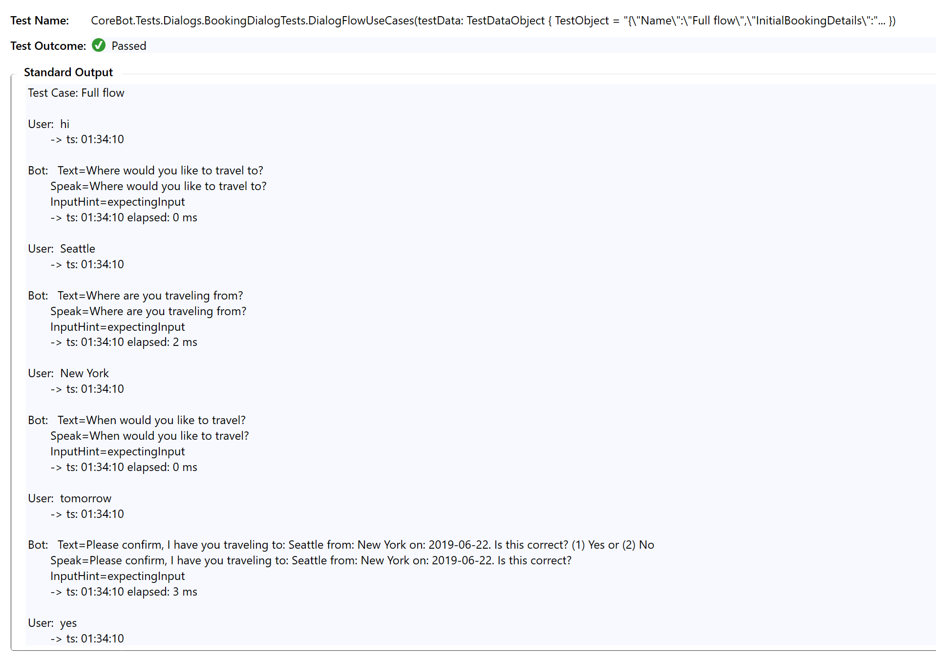 Example middleware output from XUnit.