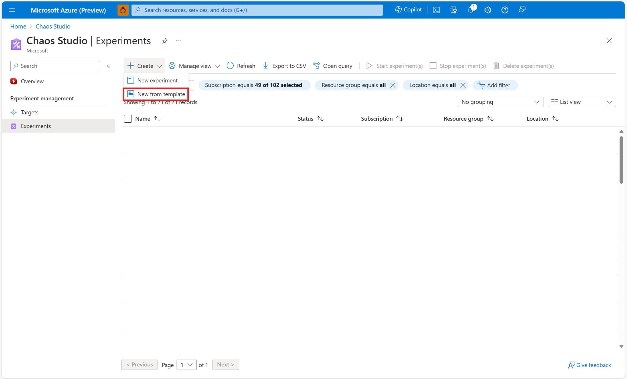 显示“试验”屏幕的屏幕截图,其中突出显示了“通过模板新建”按钮。