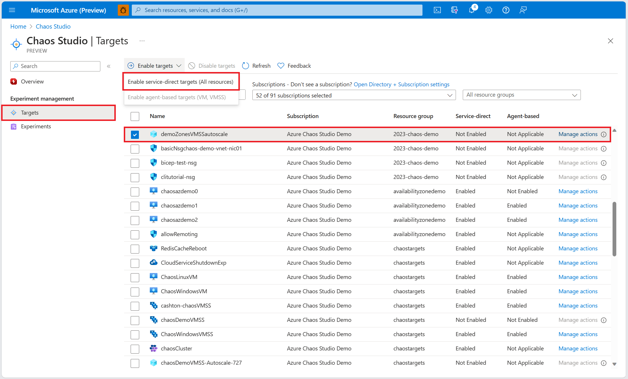 显示了 Chaos Studio 中“目标”屏幕的屏幕截图,其中选择了自动缩放设置资源。
