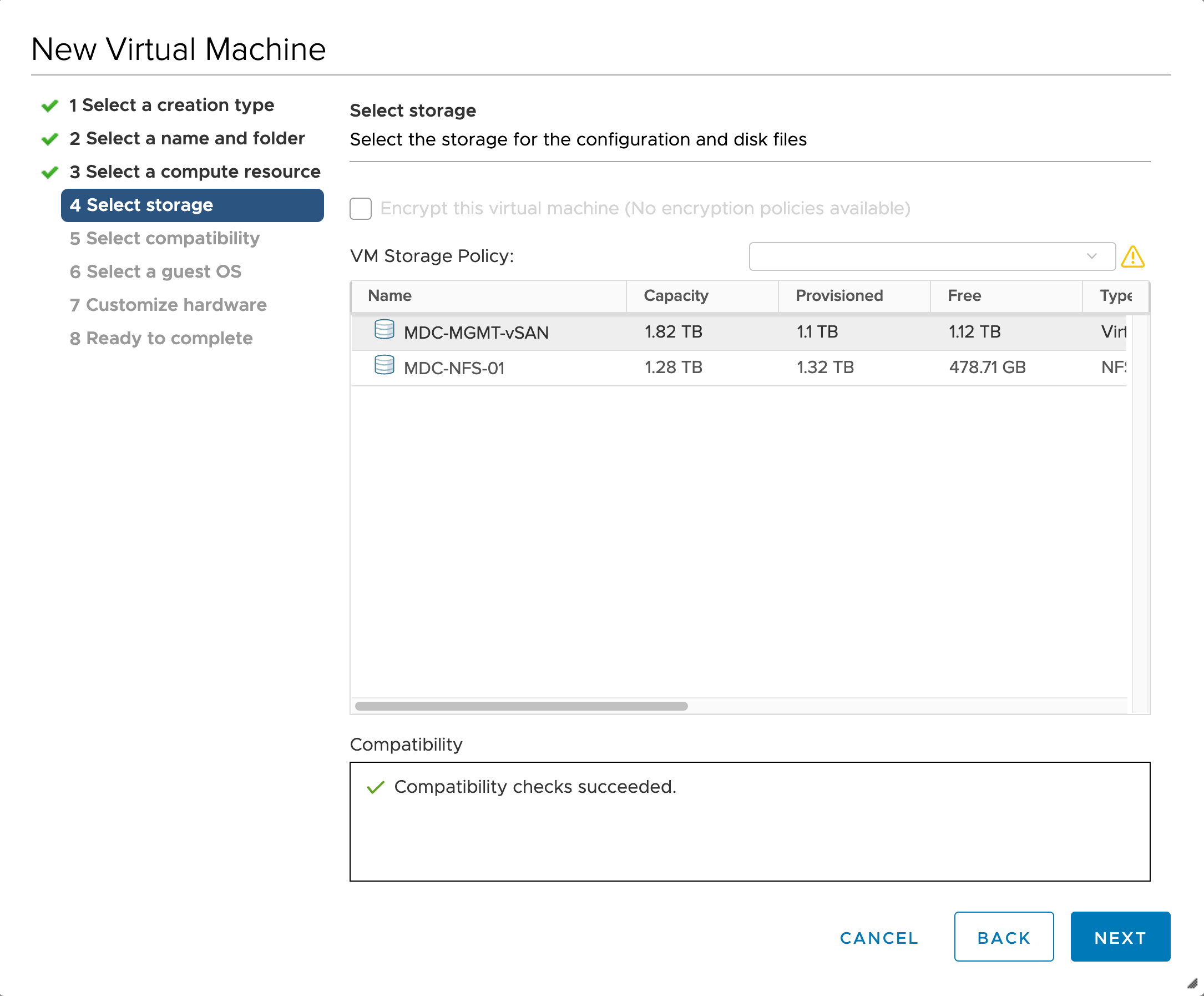 Fifth screenshot of how to create a new VMware vSphere virtual machine.