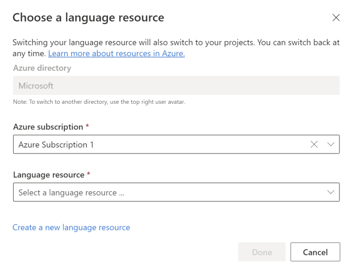 显示 Language Studio 中的资源选择屏幕的屏幕截图。