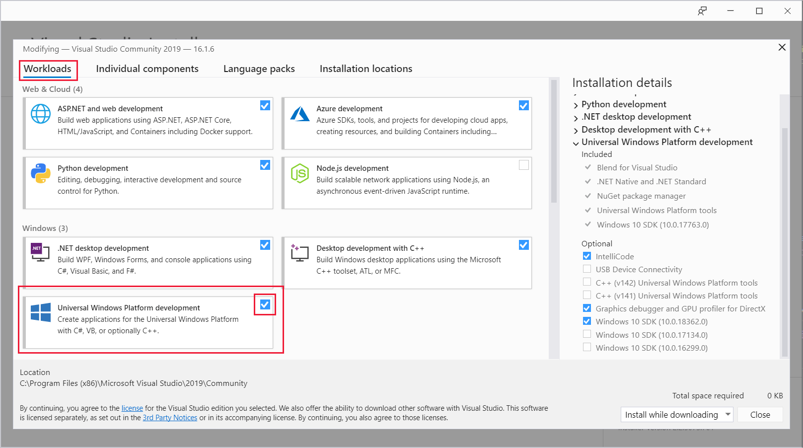 显示“修改”对话框的“工作负载”选项卡的屏幕截图，其中突出显示了“通用 Windows 平台开发”的工作负载。