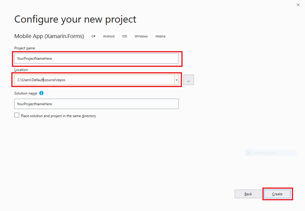 屏幕截图显示如何在 Visual Studio 中配置新项目。
