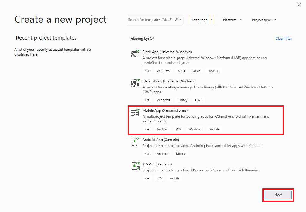 屏幕截图显示如何在 Visual Studio 中创建新项目。