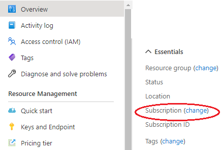 Screenshot of the subscription link on overview page in the Azure portal.
