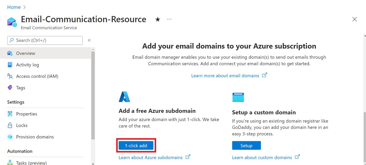 该屏幕截图重点展示了添加免费的 Azure 托管域过程。